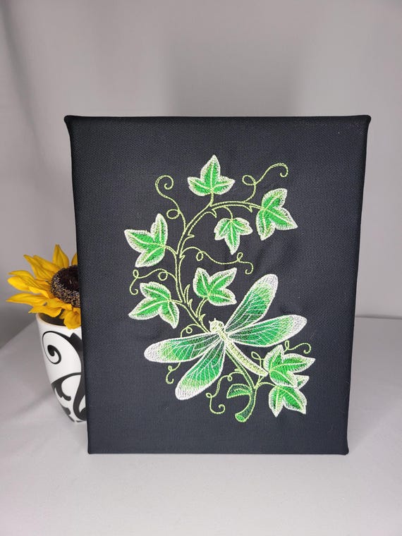 Glow-in-the-Dark Dragonfly Embroidery | Machine Embroidered Wall Art | Ivy & Insect Canvas | Naturecore Decor | Glowing Fantasy Vibes