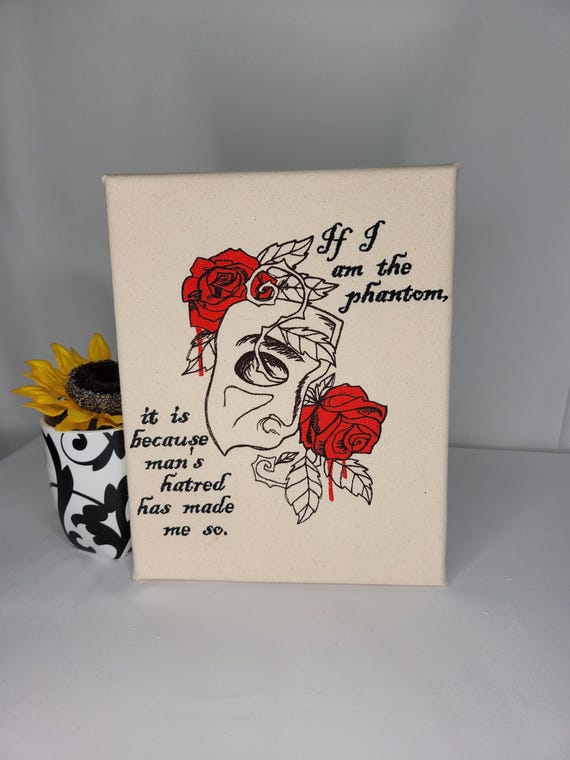 Phantom’s Lament – Gothic Embroidered Wall Art with Red Roses | Phantom Mask Decor | Dark Romance Embroidery on Canvas