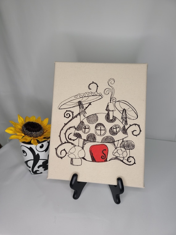 Whimsical Mushroom Cottage Embroidered Canvas | Fairy House Wall Art | Cottagecore Decor | Toadstool Fantasy Home Embroidery