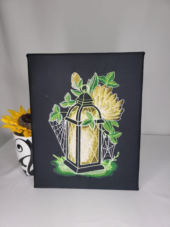 Glow-in-the-Dark Lantern Embroidery | Floral Gothic Decor | Lantern with Spiderwebs Canvas | Witchy Home Vibes