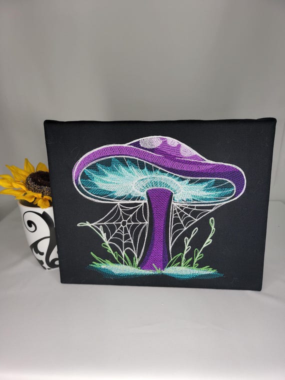 Glow-in-the-Dark Mushroom Embroidery | Machine Embroidered Wall Art | Cottagecore Decor | Fantasy Toadstool with Spiderwebs