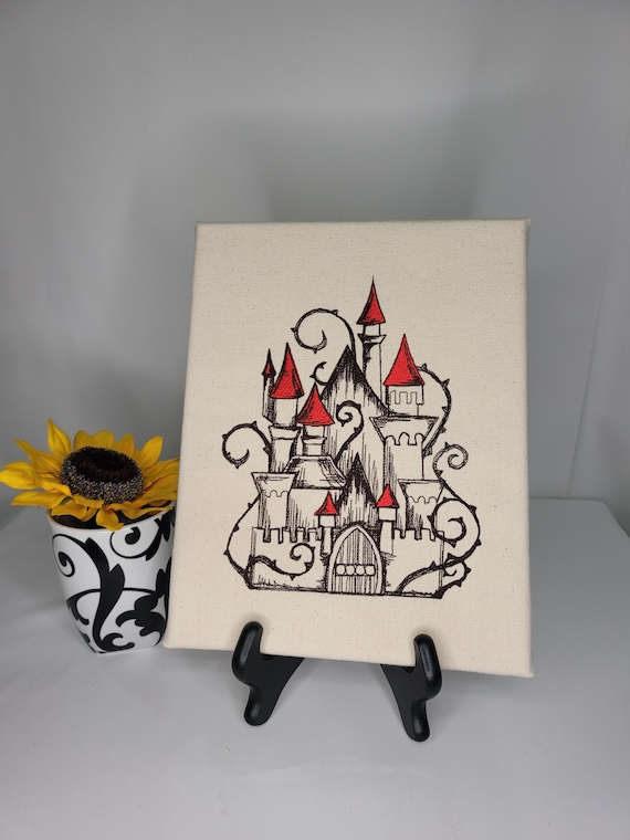 Gothic Castle Embroidered Canvas | Fairytale Wall Art | Red Turret Storybook Castle | Fantasy Home Decor | Whimsical Cottagecore Gift