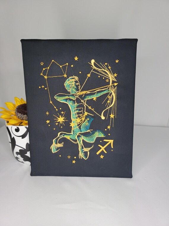 Sagittarius Zodiac Embroidery | Machine Embroidered Canvas Wall Art | Astrology Centaur Archer Decor | Constellation & Stars Design