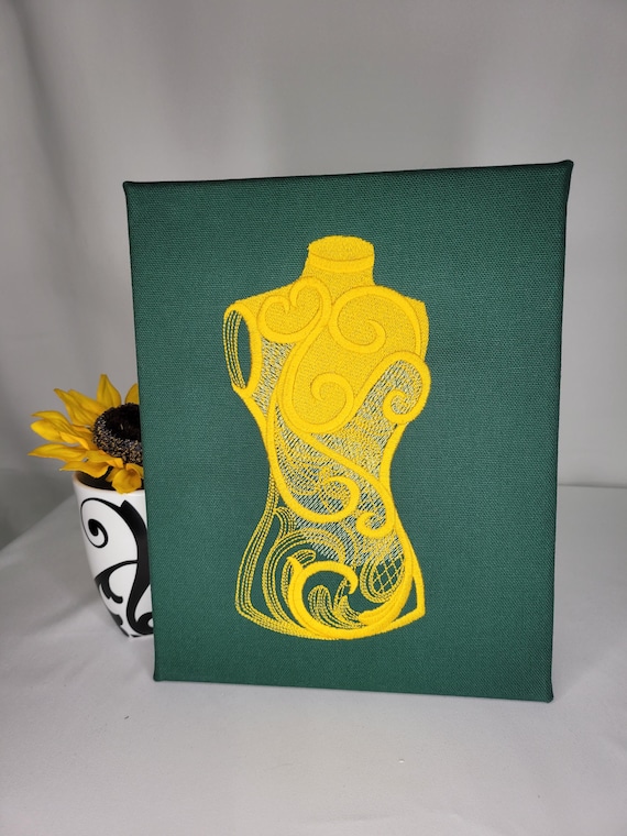 Embroidered Dress Form Canvas | Machine Embroidered Wall Art | Seamstress Decor | Tailor Studio Style | Bold Gold on Green Mannequin