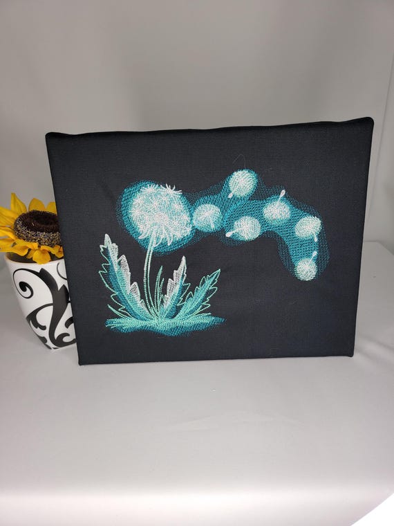 Glow-in-the-Dark Dandelion Embroidery | Machine Embroidered Canvas Wall Art | Whimsical Botanical Decor | Glowing Nature Art | Fantasy Piece