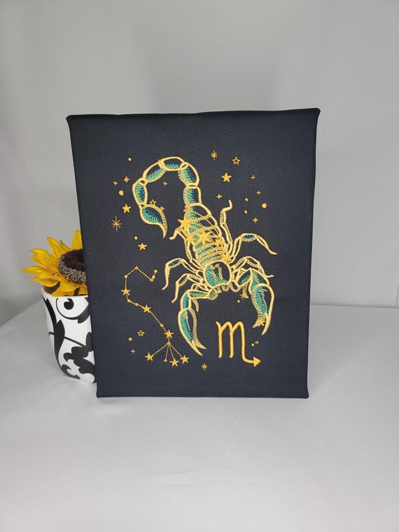 Scorpio Zodiac Embroidery | Machine Embroidered Canvas Wall Art | Astrology Scorpion Decor | Celestial Constellation Gift
