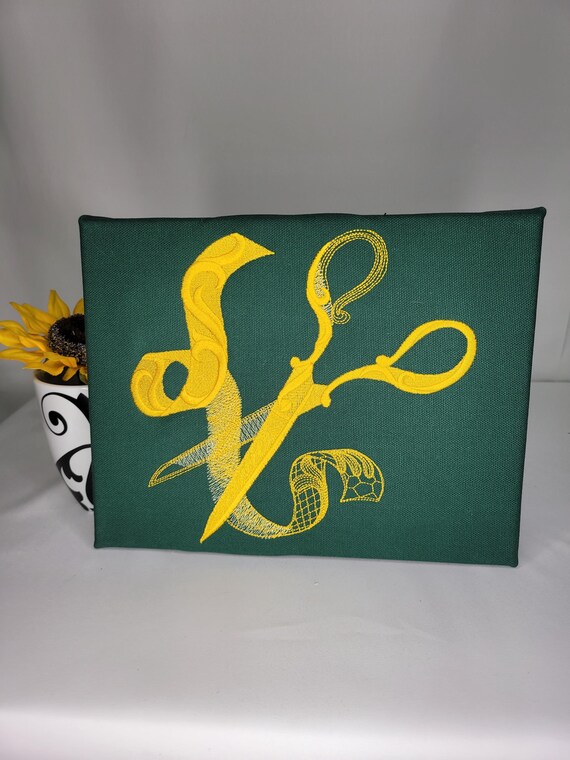 Scissors & Ribbon Embroidery | Machine Embroidered Canvas | Seamstress Wall Art | Tailor Decor | Sewing Studio Gift