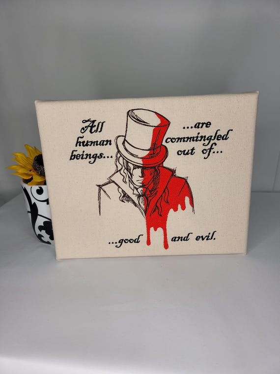 Dr. Jekyll and Mr. Hyde Embroidered Canvas | Gothic Literary Art | “Good and Evil” Quote Wall Hanging | Horror Book Decor