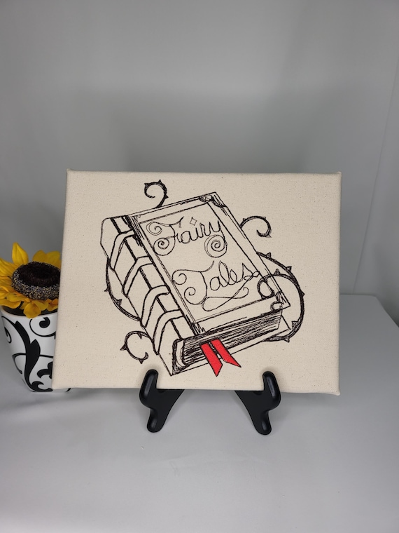 Fairy Tales Embroidered Canvas | Bookish Wall Art | Storybook Decor | Red Bookmark Embroidery | Cottagecore & Literary Gift