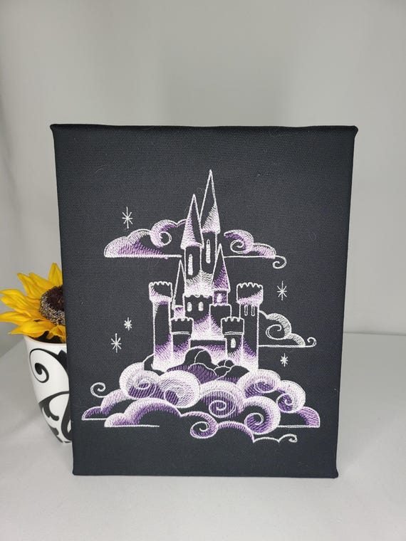 Glow-in-the-Dark Castle Embroidery | Fantasy Wall Art | Celestial Gothic Decor | Floating Castle on Clouds | Handmade Canvas