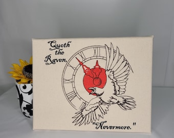 Nevermore Raven Embroidered Canvas | Edgar Allan Poe Wall Art | Gothic Literature Home Decor | The Raven Quote Embroidery