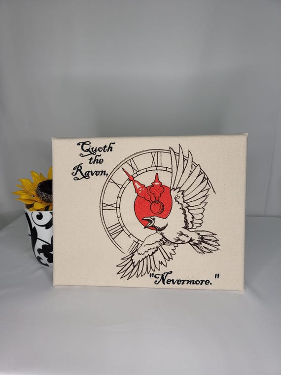 Nevermore Raven Embroidered Canvas | Edgar Allan Poe Wall Art | Gothic Literature Home Decor | The Raven Quote Embroidery