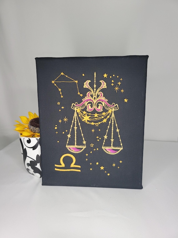 Libra Zodiac Embroidery | Machine Embroidered Scales Wall Art | Astrology Air Sign Canvas | Celestial Constellation Décor