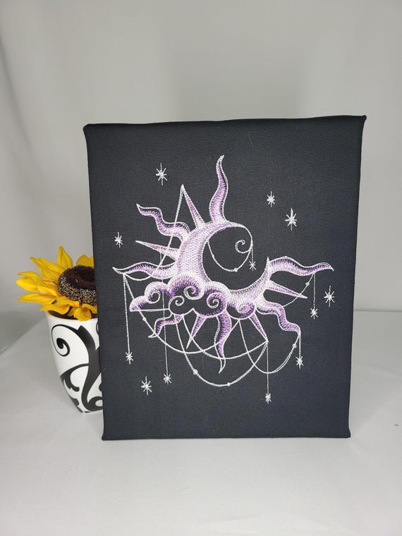 Glow-in-the-Dark Sun and Moon Embroidery | Machine Embroidered Celestial Wall Art | Witchy Decor | Cosmic Cloud & Star Canvas | Astral Magic