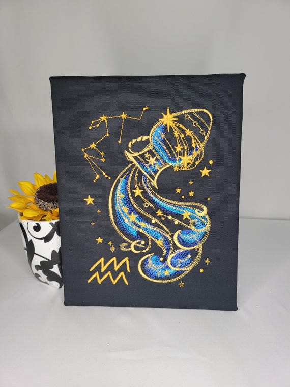 Aquarius Zodiac Embroidery | Machine Embroidered Canvas Wall Art | Astrology Water Bearer Decor | Celestial Constellation Art