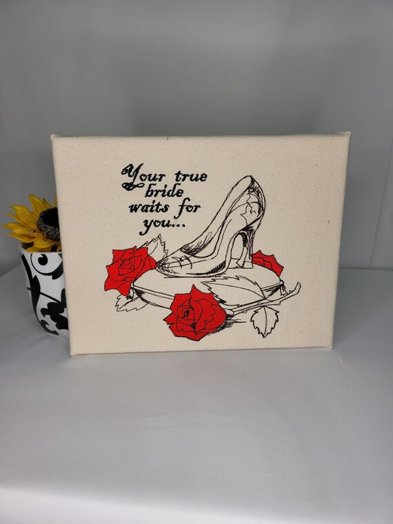 Cinderella Glass Slipper Embroidered Canvas | Fairytale Wall Art | "Your True Bride Waits" Quote | Red Rose Textile Décor