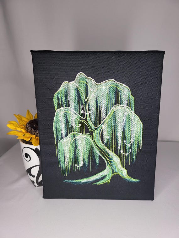 Glow-in-the-Dark Embroidered Weeping Willow | Mystical Tree Wall Art |  Glowing Nature Embroidery