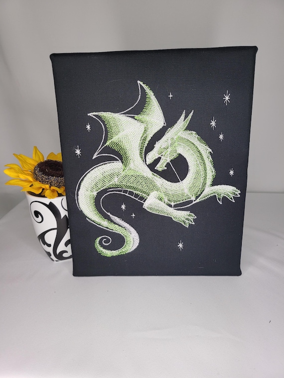 Glow-in-the-Dark Dragon Embroidery | Machine Embroidered Fantasy Wall Art | Celestial Dragon Canvas | Mythical Creature Decor
