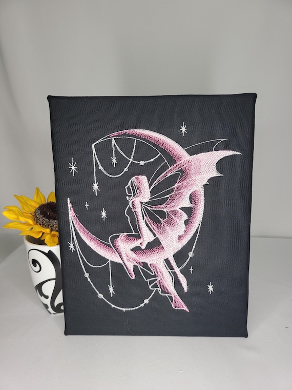 Glow-in-the-Dark Moon Fairy Embroidery | Machine Embroidered Canvas | Celestial Wall Art | Whimsical Witchy Decor | Handmade Fantasy Piece