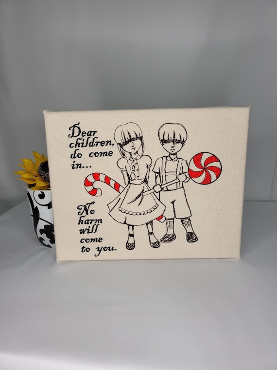 Hansel & Gretel Embroidered Canvas | Fairytale Wall Art | “Dear Children, Do Come In” Quote | Candy Cane Textile Décor