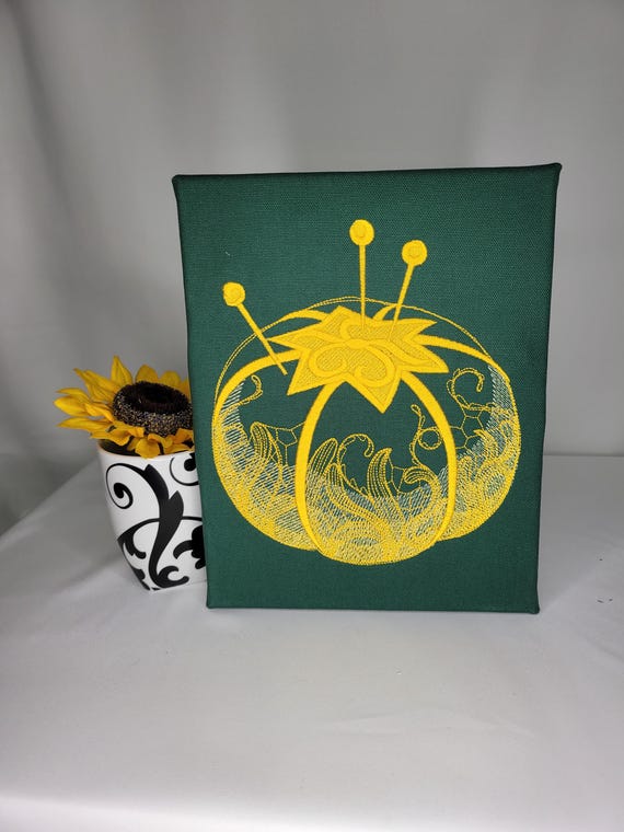 Pin Cushion Embroidery | Machine Embroidered Canvas Wall Art | Sewing Room Decor | Tomato Pin Cushion with Pins | Seamstress Gift