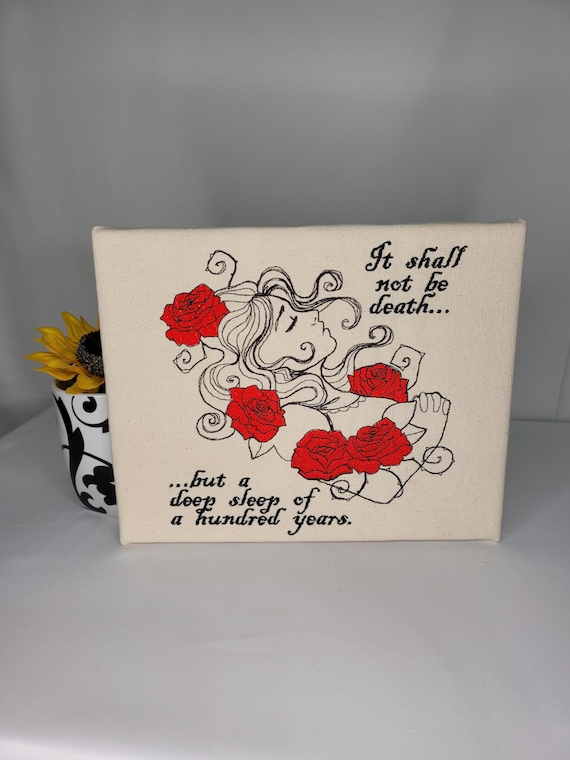 Sleeping Beauty Embroidered Canvas Art | “It Shall Not Be Death...” Quote | Fairytale Red Rose Machine Embroidery Wall Decor