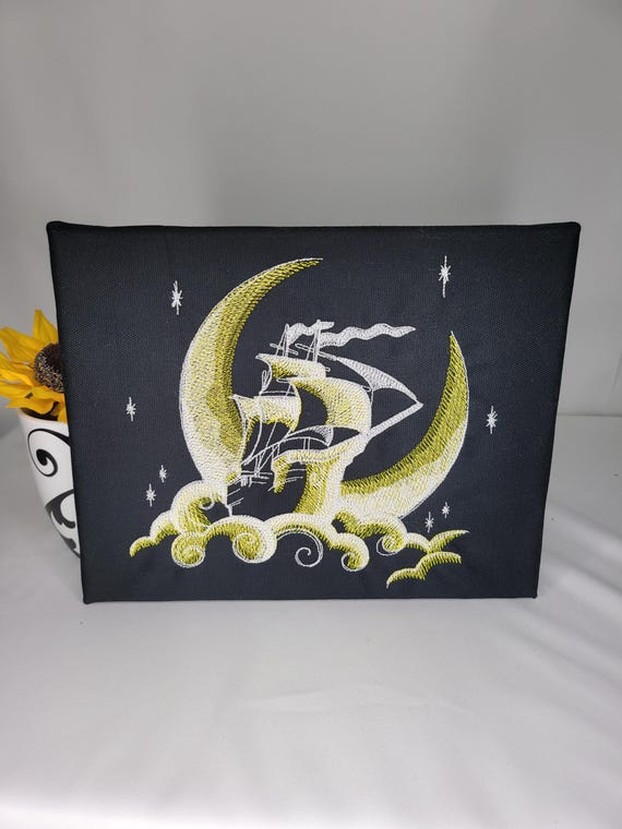 Glow-in-the-Dark Moon Ship Embroidery | Machine Embroidered Canvas Wall Art | Fantasy Nautical Decor | Celestial Pirate Ship | Glow Art