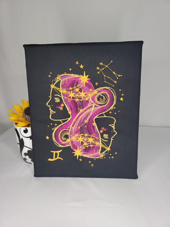 Gemini Zodiac Embroidery | Machine Embroidered Wall Art | Astrology Twin Sign Decor | Constellation & Stars Canvas | Celestial Gemini Gift