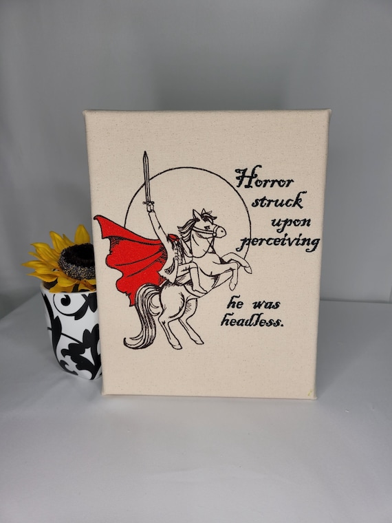 Headless Horseman Embroidered Canvas | Sleepy Hollow Quote Wall Art | Gothic Halloween Home Decor | Red Cape Textile Art