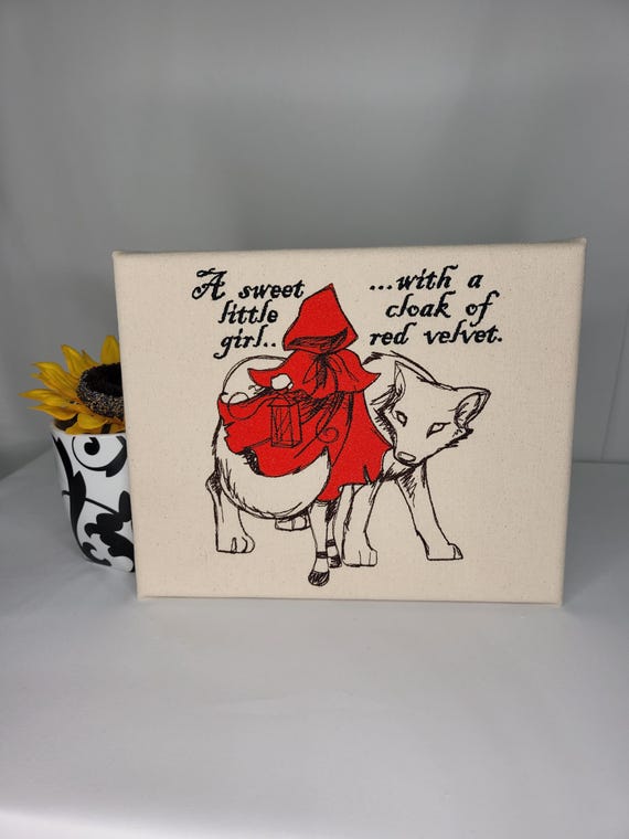Red Riding Hood Embroidered Canvas | “Cloak of Red Velvet” Quote Art | Fairytale Wall Decor | Dark Folk Art Gift