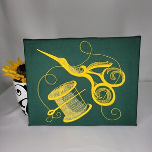 Scissors & Thread Embroidery | Machine Embroidered Canvas Wall Art | Sewing Room Decor