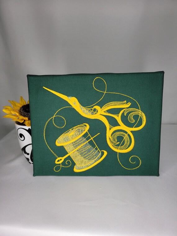 Scissors & Thread Embroidery | Machine Embroidered Canvas Wall Art | Sewing Room Decor