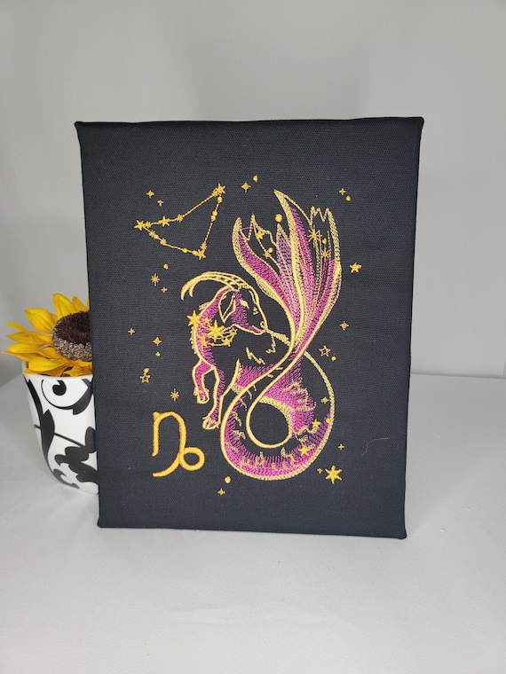 Capricorn Zodiac Embroidery | Machine Embroidered Wall Art | Celestial Astrology Decor | Capricorn Sea-Goat Constellation Canvas