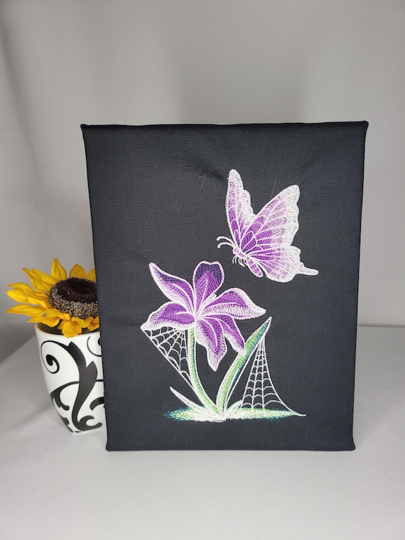 Glow-in-the-Dark Butterfly and Flower Embroidery | Purple Lily & Spiderweb Canvas | Gothic Garden Decor