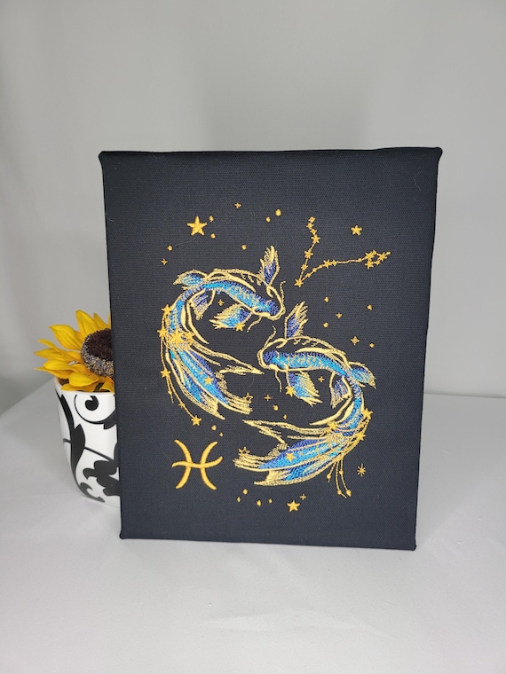 Pisces Zodiac Embroidery | Machine Embroidered Canvas Wall Art | Astrology Fish Sign Decor | Celestial Constellation Art