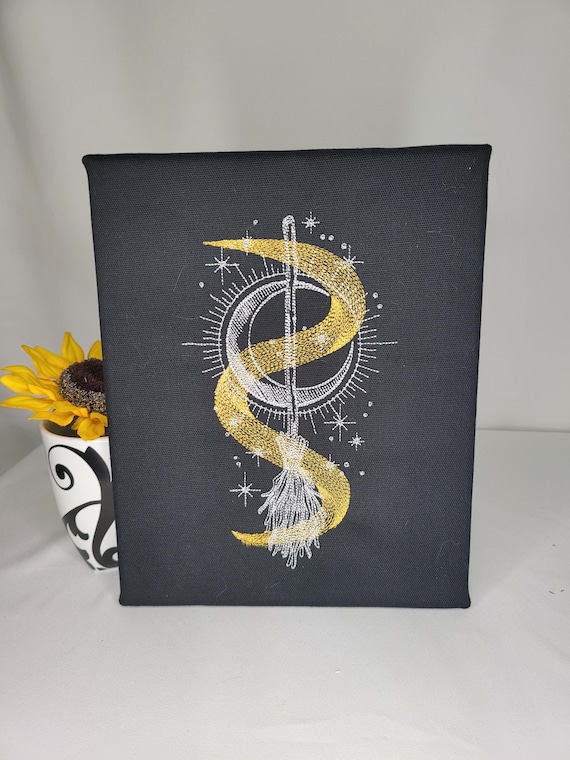 Celestial Broom Embroidery | Machine Embroidered Canvas Wall Art | Witchy Gold & Silver Decor | Cosmic Witchcraft Aesthetic