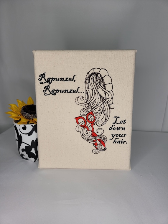 Rapunzel Embroidered Canvas | “Let Down Your Hair” Wall Art | Fairytale Quote Textile | Storybook Decor Gift