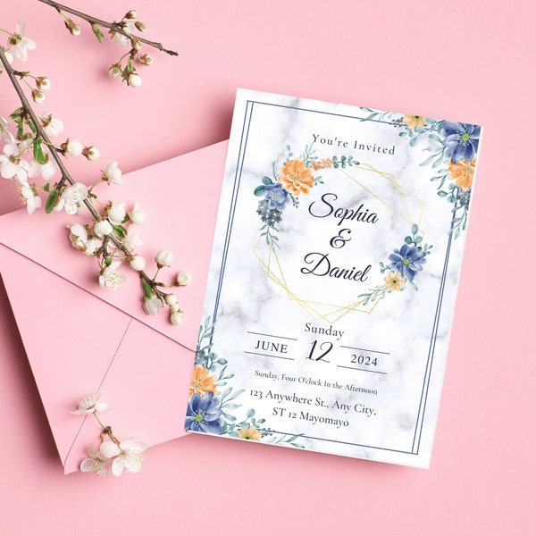 Blue & Orange Watercolor Wedding Invitation Set | Elegant Invites | Hand-Painted Invite Suite | Customizable Cards | Lovebirds Theme