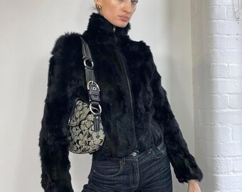 Vintage Real Rabbit Fur Bomber Jacket Size S-M 1970s Black
