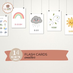 Cartes météo pour enfants d'âge préscolaire – Cartes d'apprentissage imprimables (14 pièces), École à la maison Montessori, téléchargement numérique (2 ou 4 par page)