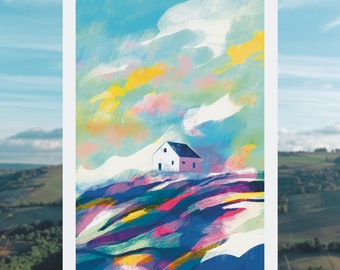 A4/A3 POSTER - "The house on the hill" - Colorful poster, Homemade, Landscape, Illustration