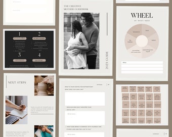May include: A printable guidebook for creative mothers with a black and white photo of a pregnant woman and her partner. The guidebook includes sections on setting boundaries, gratitude, next steps, a wheel of what you need, a daily tracker, and a do and don't list.