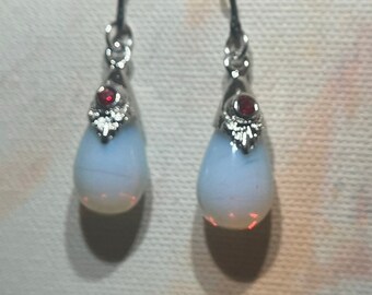 Sensitive Ears, Plastic hook, Silvery, Ruby, Faux Sapphire and Moonstone