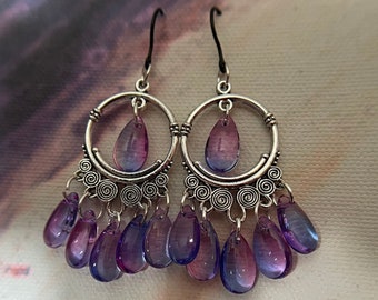 Sensitive Ears, Plastic Hooks, Antiques Silver Chandelier, Long Waterdrop Purple Crystal Glass Beads suspended to make you feel Pretty