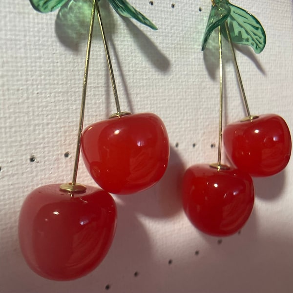 Plastic Hook, Lovely Handmade Cherry Food Fruit Drop Earrings Exquisite Green Leaf Cartoon Cute Temperament Resinous Material Delicate