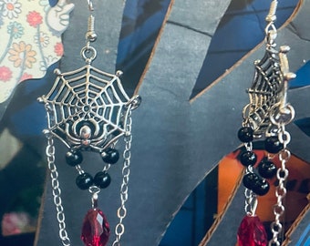 Plastic Hook, Hypoallergenic, Dark Gothic Spider Web Earrings Black Beads, Accented with Beautiful Chains and Blood Red Bead