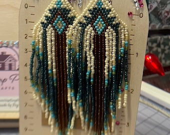 Sensitive Ears, Plastic Hook, Multilayer Green Cream and blue glass beads, beautiful pattern, Earrings, Long and Elegant