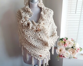 Crochet scarf wrap, unique design, handmade scarf poncho, unique shawl in beige
