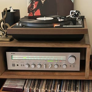 Può includere: Un sistema stereo in stile vintage con un giradischi, un ricevitore e una collezione di dischi in vinile. Il giradischi ha un piatto nero e un braccio argentato. Il ricevitore è argentato con una faccia nera e un display digitale. I dischi sono impilati su uno scaffale sotto il ricevitore.