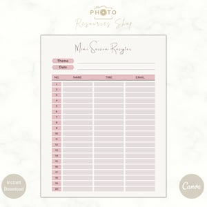 Op de afbeelding: Een printbaar mini-sessie aanmeldformulier met de titel "Mini Session Register". Het formulier heeft kolommen voor nummer, naam, tijd en e-mail. Het formulier is bedoeld voor fotografen om hun klanten bij te houden.